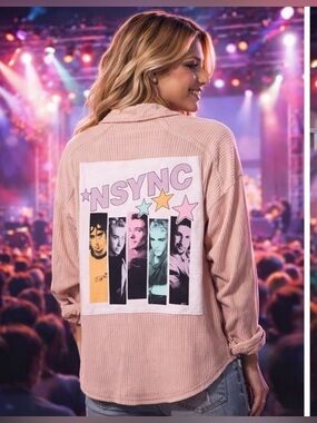 Custom Upcycled *NSYNC Waffle Knit Button Down Shirt OVERSIZED Size S OOAK